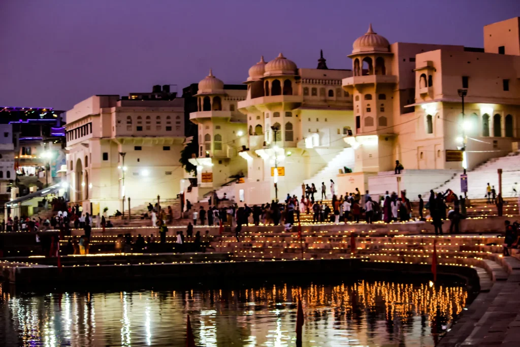 Evening Deepdan at Puskar lake during Sunset during pushkar fair